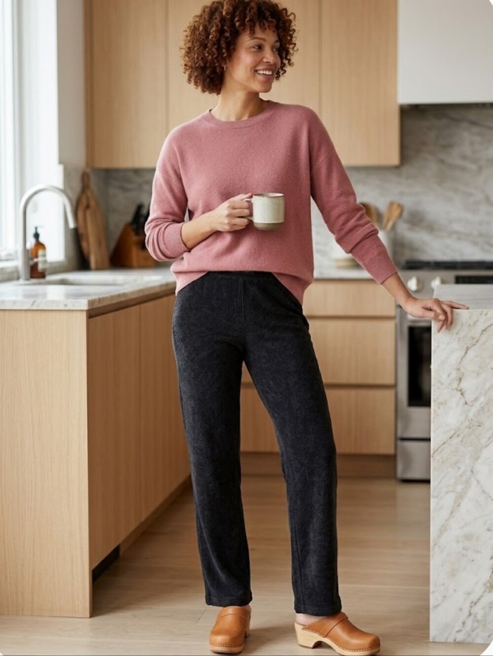Susan Graver Weekend Black Regular Terry Straight Leg Pants On-Seam Pockets